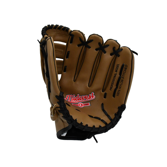 Midwest left-handed baseball glove for fielding, sporting goods with leather construction and detailed stitching.