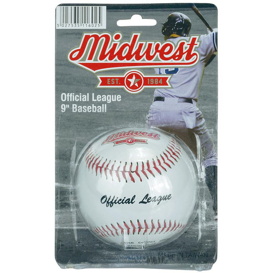 Midwest Official League Baseball 9-inch recreational baseball with white leather cover and red stitching, suitable for casual play.