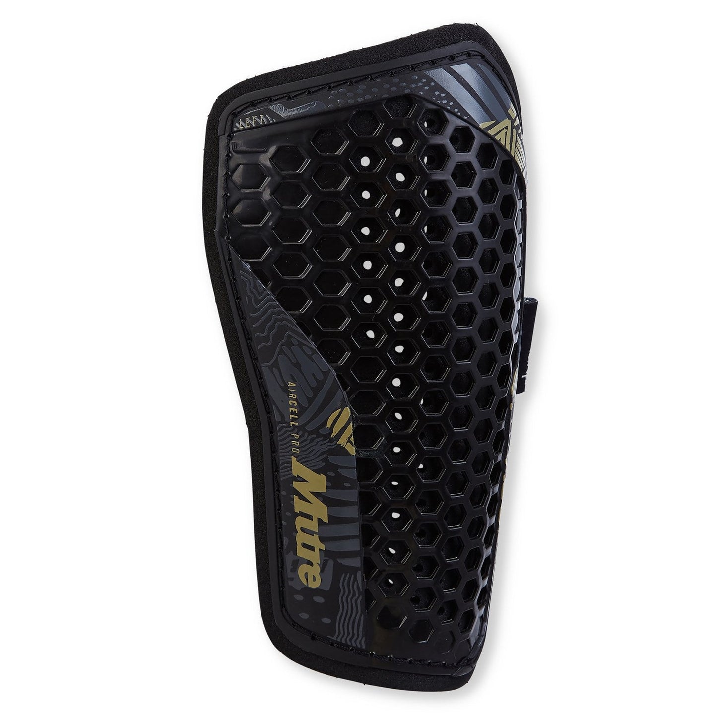 Mitre Aircell Pro Slip-In Football Shinpad showing padded protective shield and sleek design for enhanced football safety.