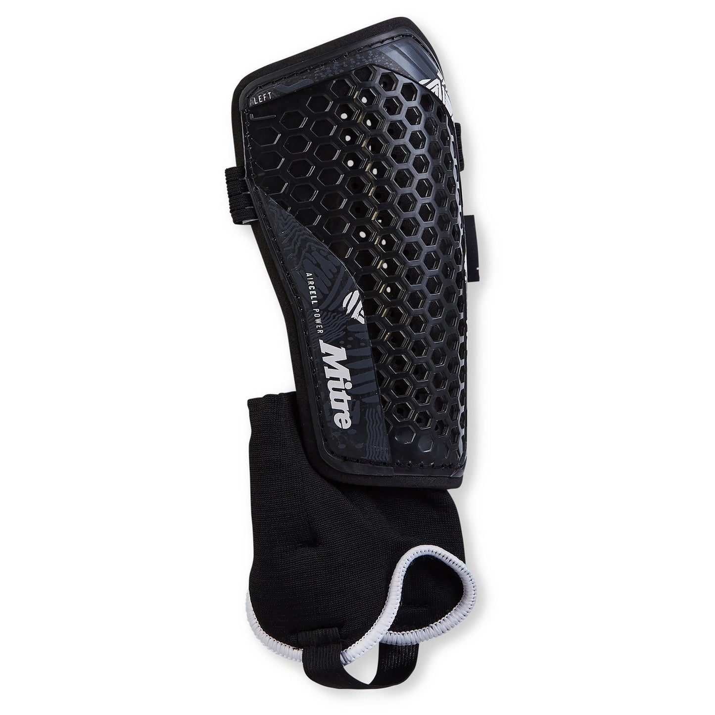 Mitre Aircell Power football shinpad with ankle protection, featuring lightweight padding and adjustable straps for a secure fit.
