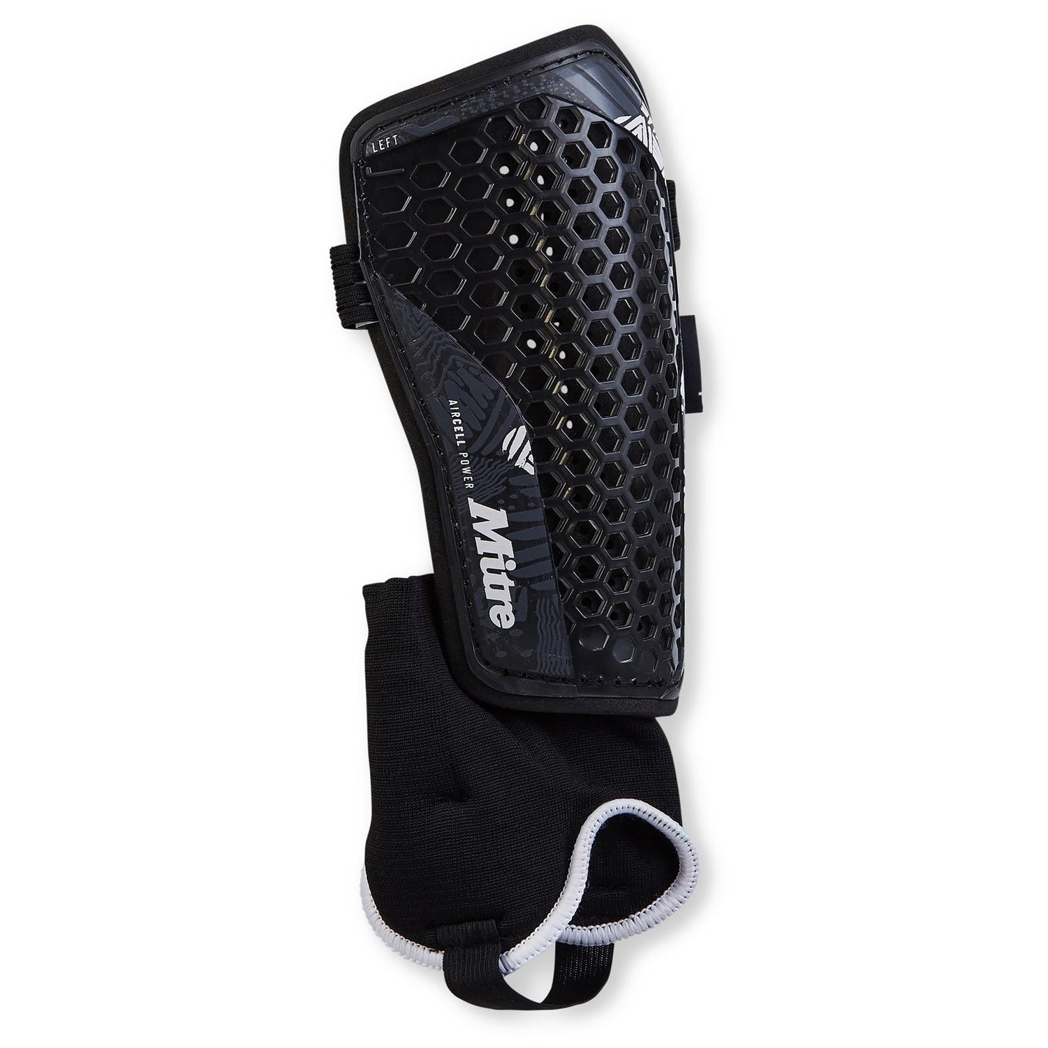 Mitre Aircell Power football shinpad with ankle protection, featuring lightweight padding and adjustable straps for a secure fit.