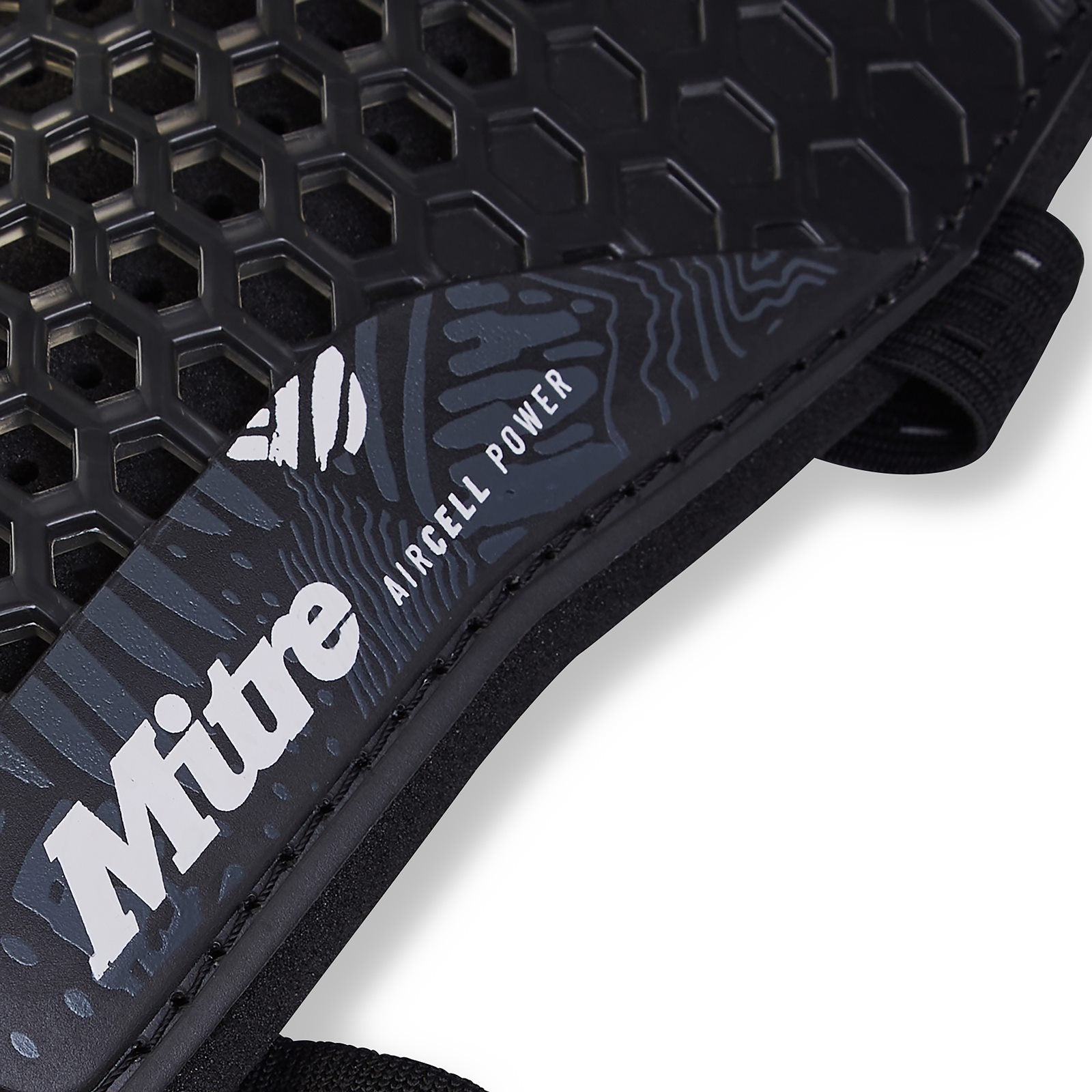 Mitre football shinpad Aircell Power with adjustable ankle protection, featuring a sleek black design and padded construction