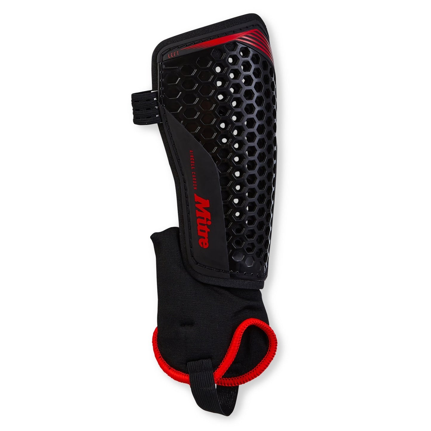 Mitre Aircell Carbon football shinpad with ankle guard, black and white design, padded protection for soccer players