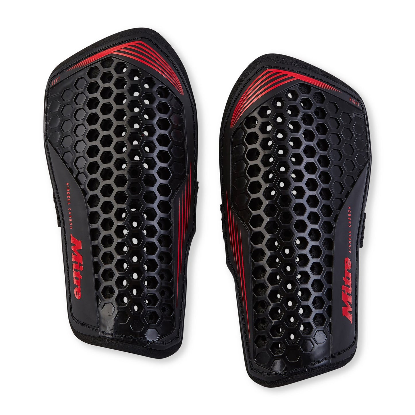 Mitre Aircell Carbon Slip-In Football Shinpad showing black carbon-fiber design and padded protective area for sports safety.