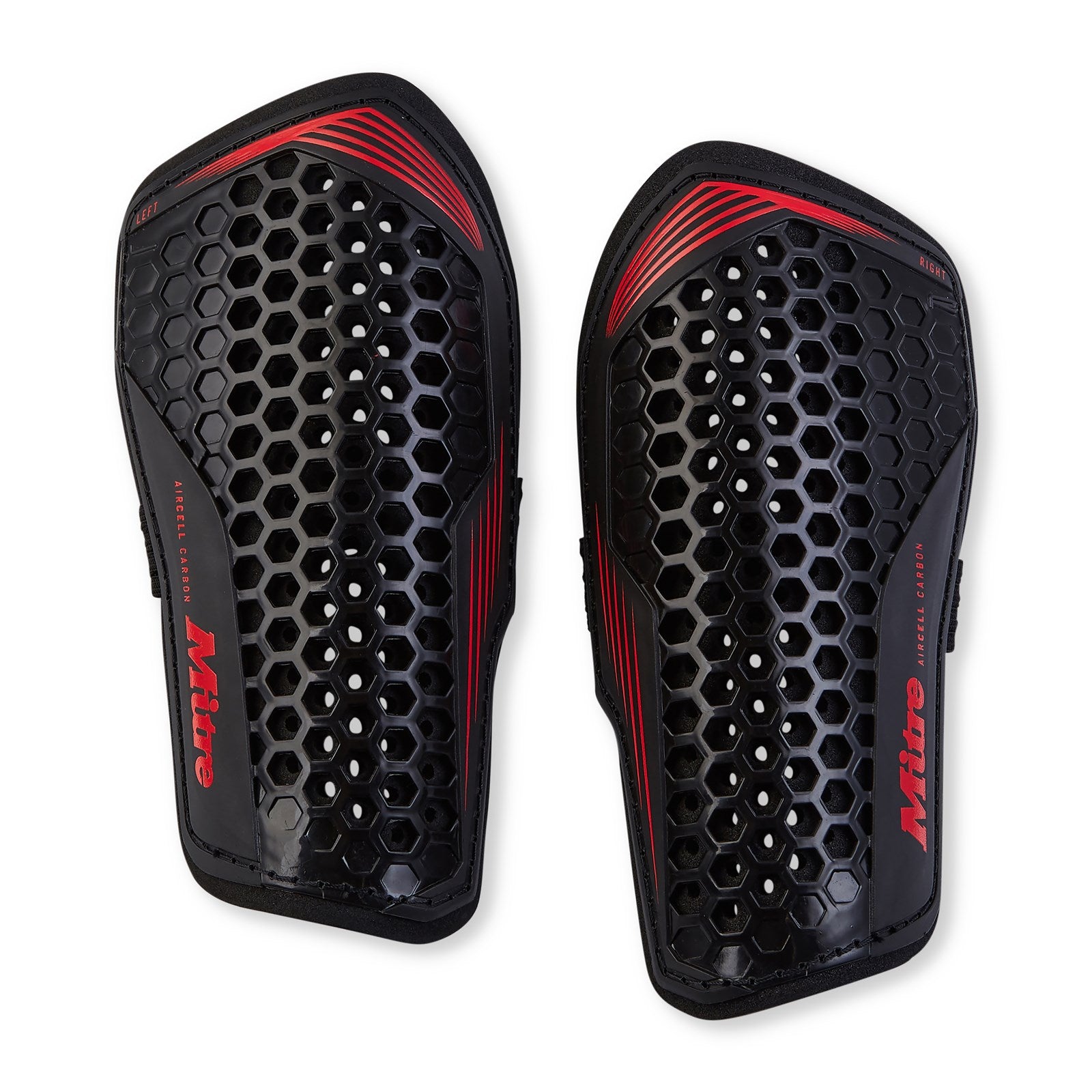 Mitre Aircell Carbon Slip-In Football Shinpad showing black carbon-fiber design and padded protective area for sports safety.