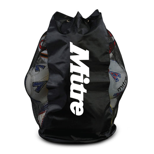 Mitre 12-ball football sack for sporting goods, shown holding multiple footballs in a gym or training environment.