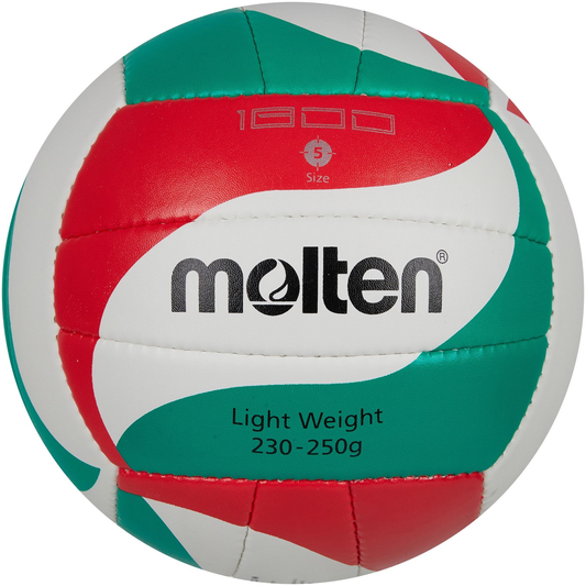 Molten V5M1800-L lightweight junior volleyball with orange and white panels, designed for youth sports and indoor play.