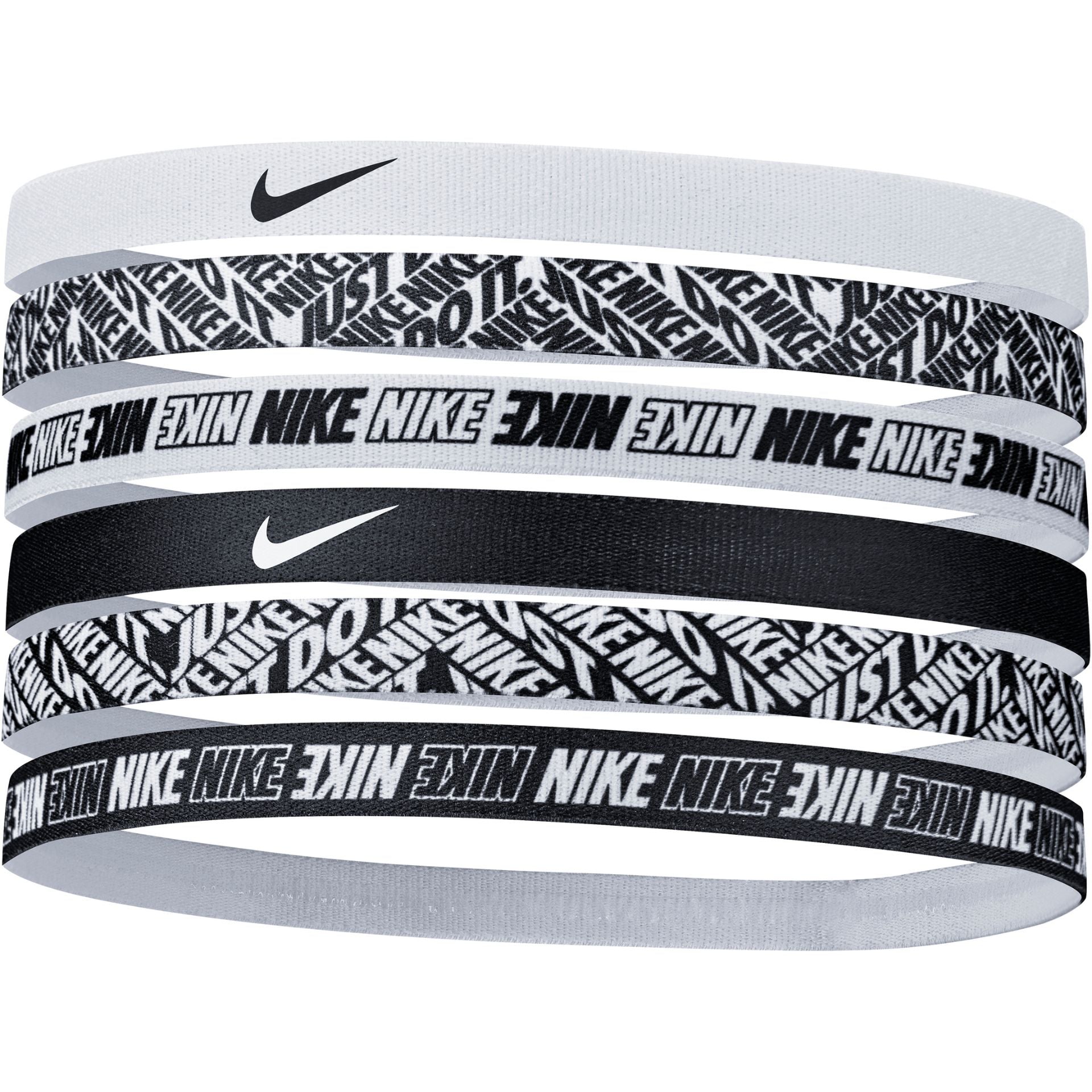Six Nike printed sports sweatbands in various colors, designed for athletic use and active wear.
