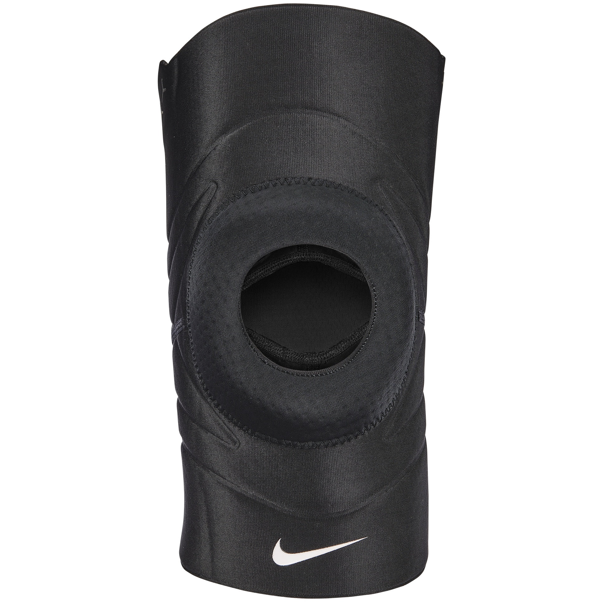 Nike Pro Open Patella Knee Sleeve 3.0 in black with adjustable straps, designed for knee support during sports activities.