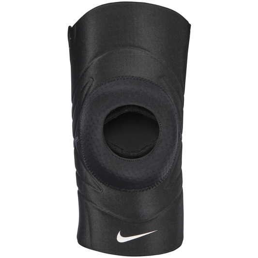 Nike Pro Open Patella Knee Sleeve 3.0 in black with adjustable straps, designed for knee support during sports activities.