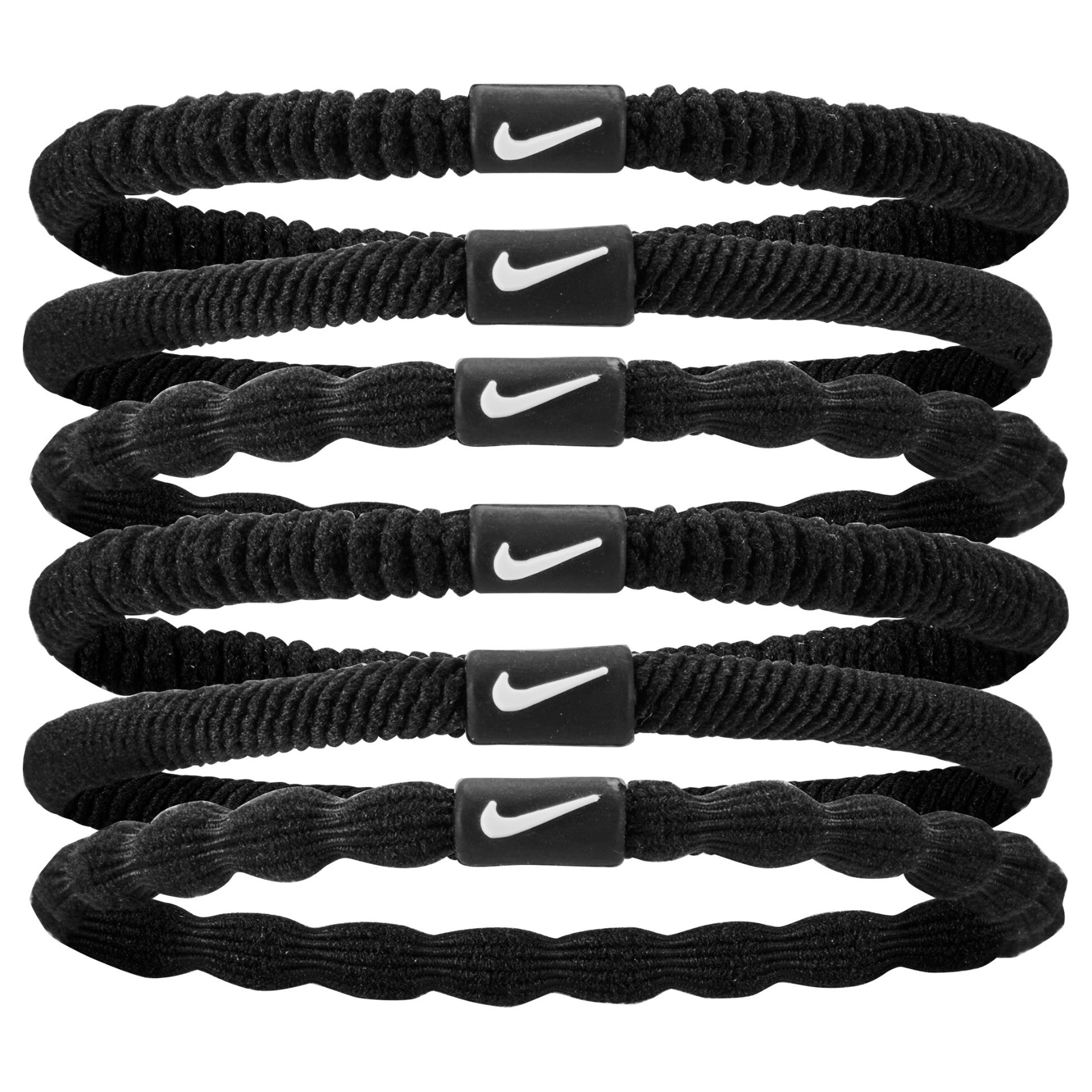 Nike Flex hair tie pack of 6, sporty elastic hair ties with Nike branding, designed for active wear and sports activities.
