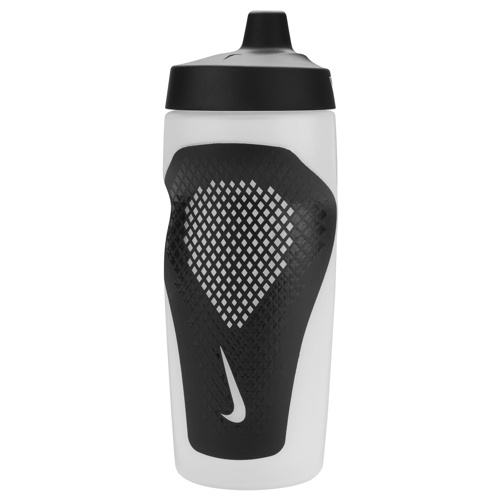 Nike Refuel 18oz ergonomic sports bottle with grip, transparent design, and black lid for secure hydration during activities.
