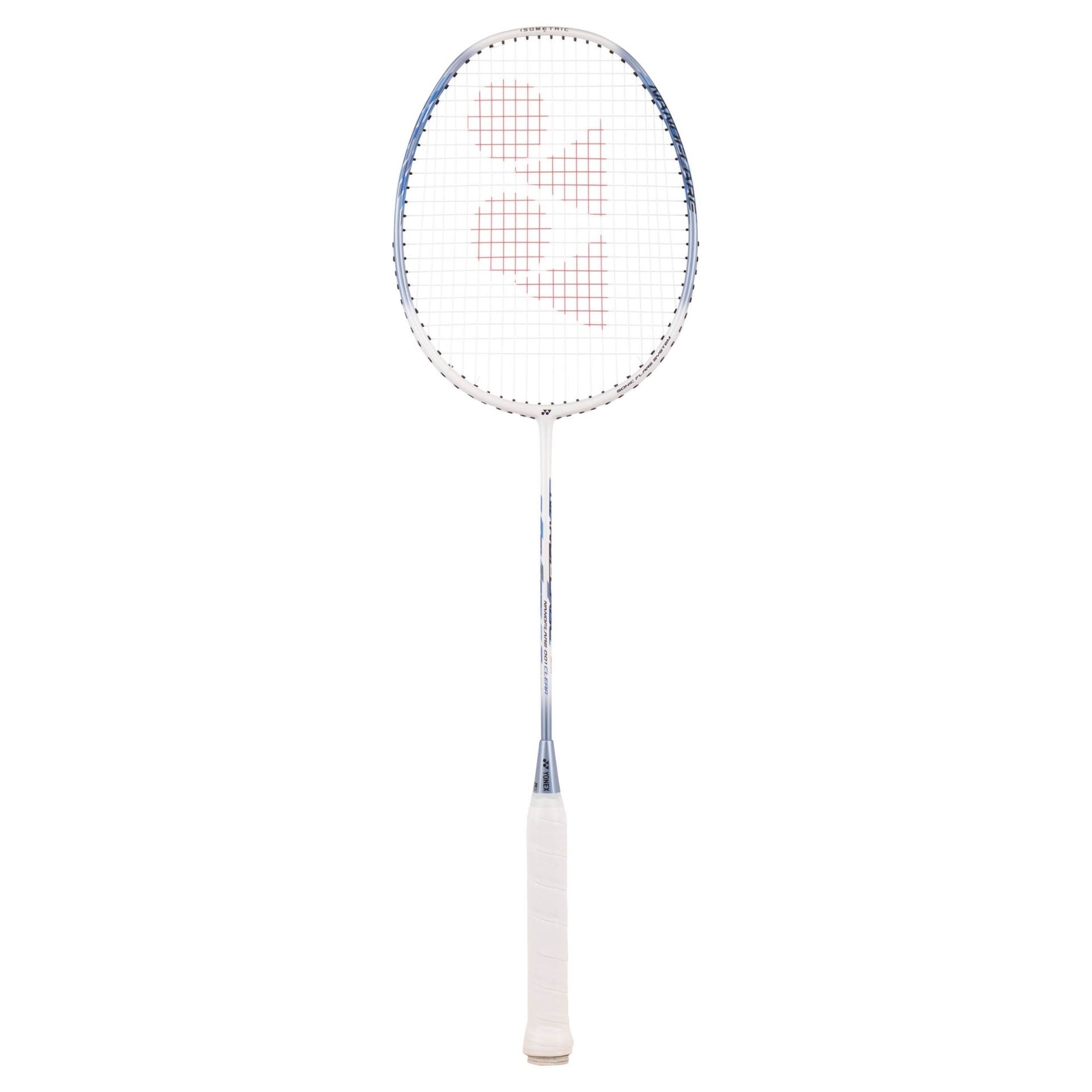 Yonex Nanoflare 001 Clear badminton racket with lightweight frame and grip, featuring a sleek design in green and white.