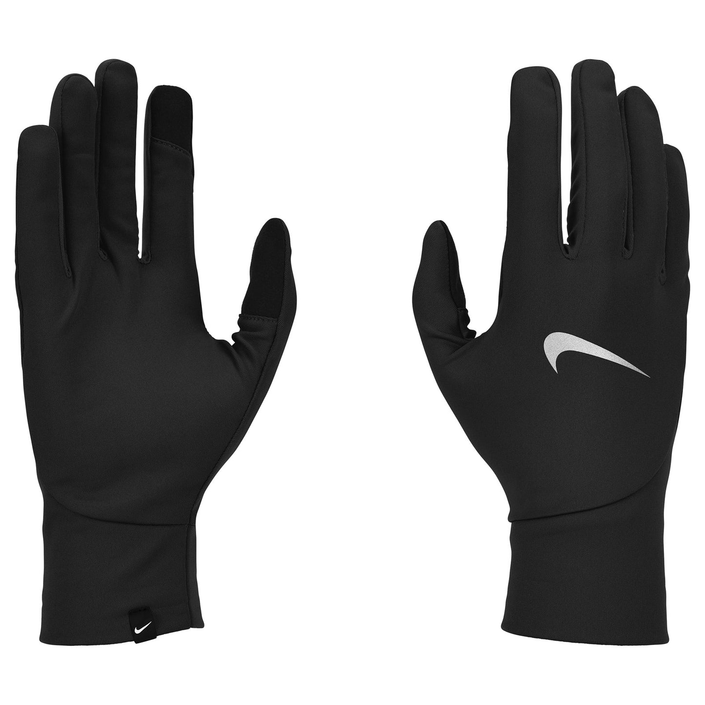 Nike women's Pacer lightweight winter running gloves shown in black with Nike logo, designed for cold-weather running.