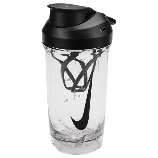 Nike TR Recharge 16oz protein shaker bottle showing a sleek black Nike shaker with a secure lid and mixing compartment.