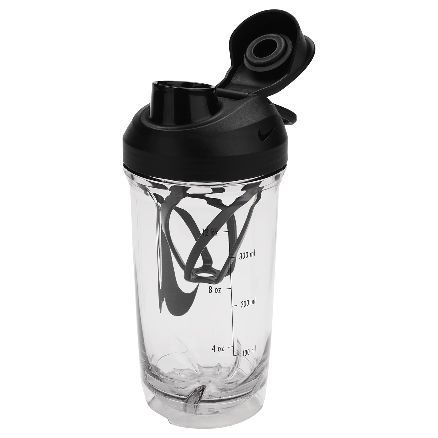 Nike TR Recharge 16oz protein shaker bottle showing a sleek black design with a secure lid and measurement markings.
