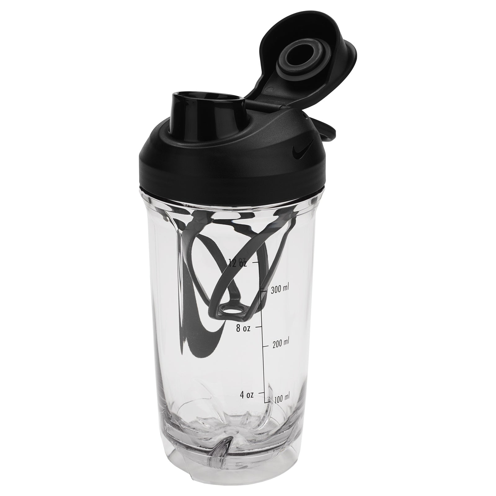 Nike TR Recharge 16oz protein shaker bottle showing a sleek black design with a secure lid and measurement markings.