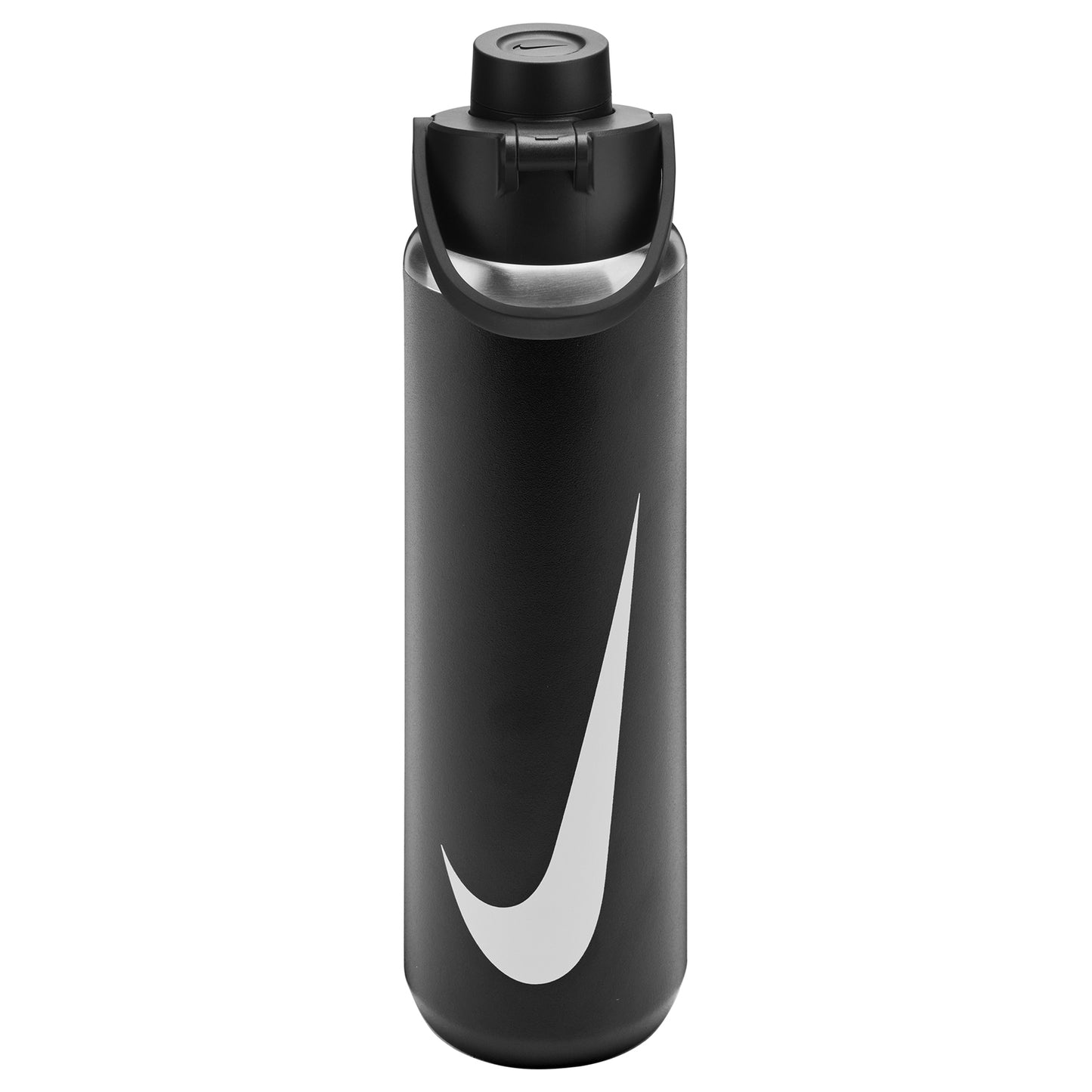 Nike SS Recharge Chug Bottle 24oz, black sports water bottle with Nike logo and easy-to-use lid for hydration during workouts.