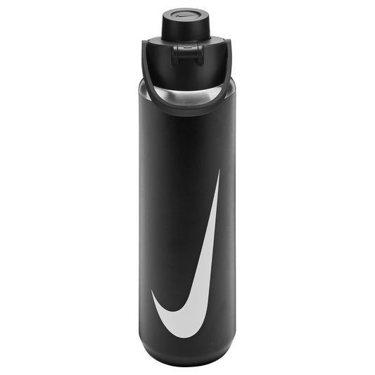 Nike SS Recharge Chug Bottle 24oz, black sports water bottle with Nike logo and easy-to-use lid for hydration during workouts.