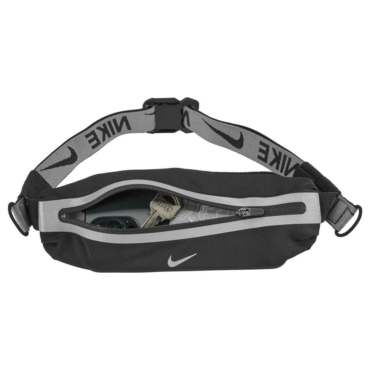 Nike Slim Waistpack 4.0 accessory showing a compact black waistpack with adjustable strap and Nike logo on the front.