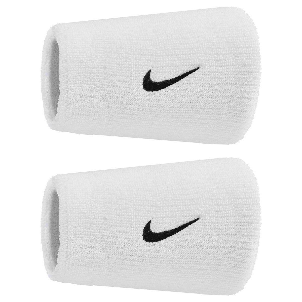 Black and white Nike Classic Doublewide Swoosh wristband with wide design, featuring the Nike logo on the fabric.