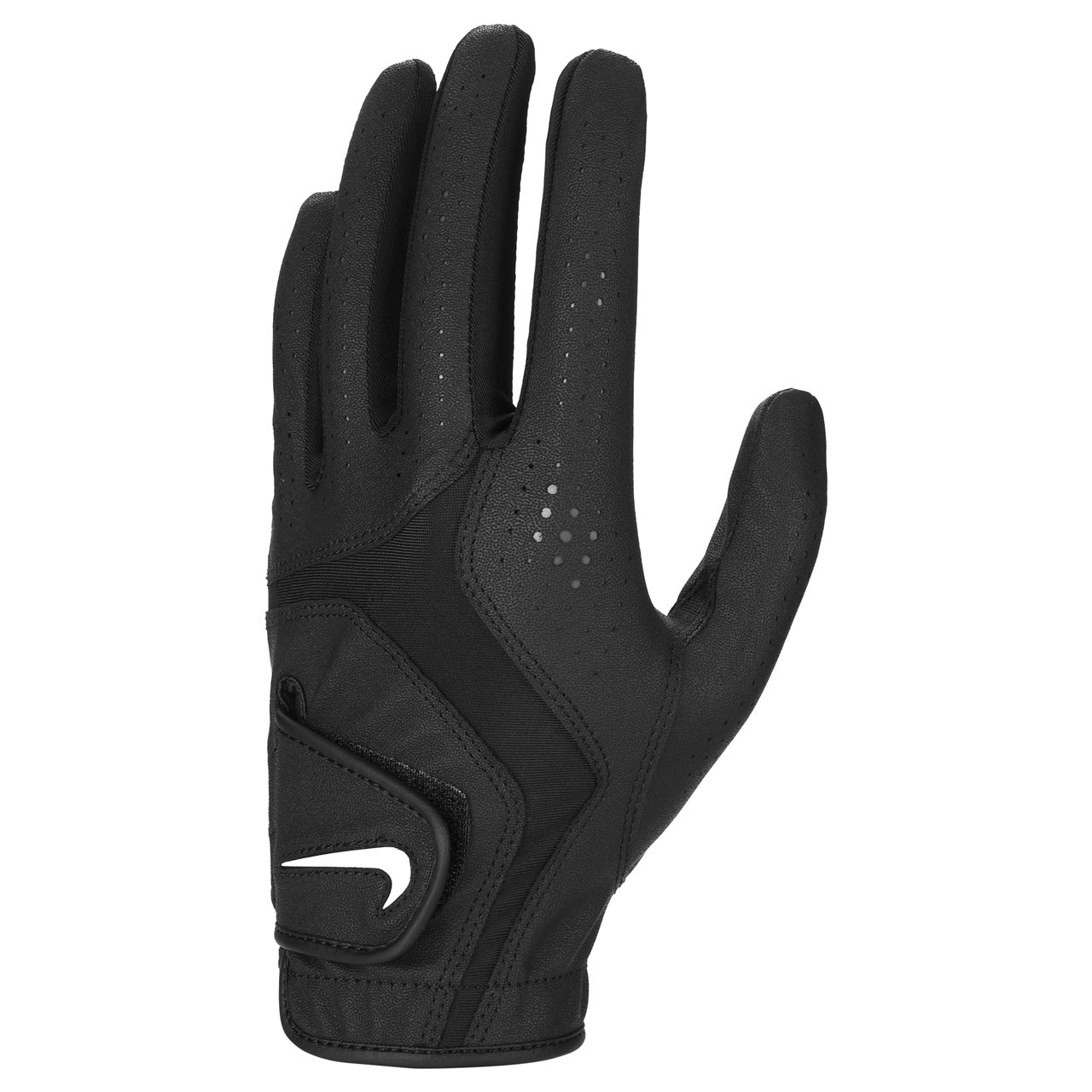 Men's black Nike Dura Feel X golf glove with premium grip, designed for comfortable, secure fit during golf play.