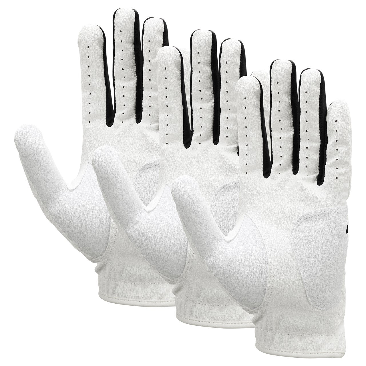 Nike Golf Dura Feel X white gloves, pack of three, showing snug fit and breathable fabric for comfortable grip during golf.