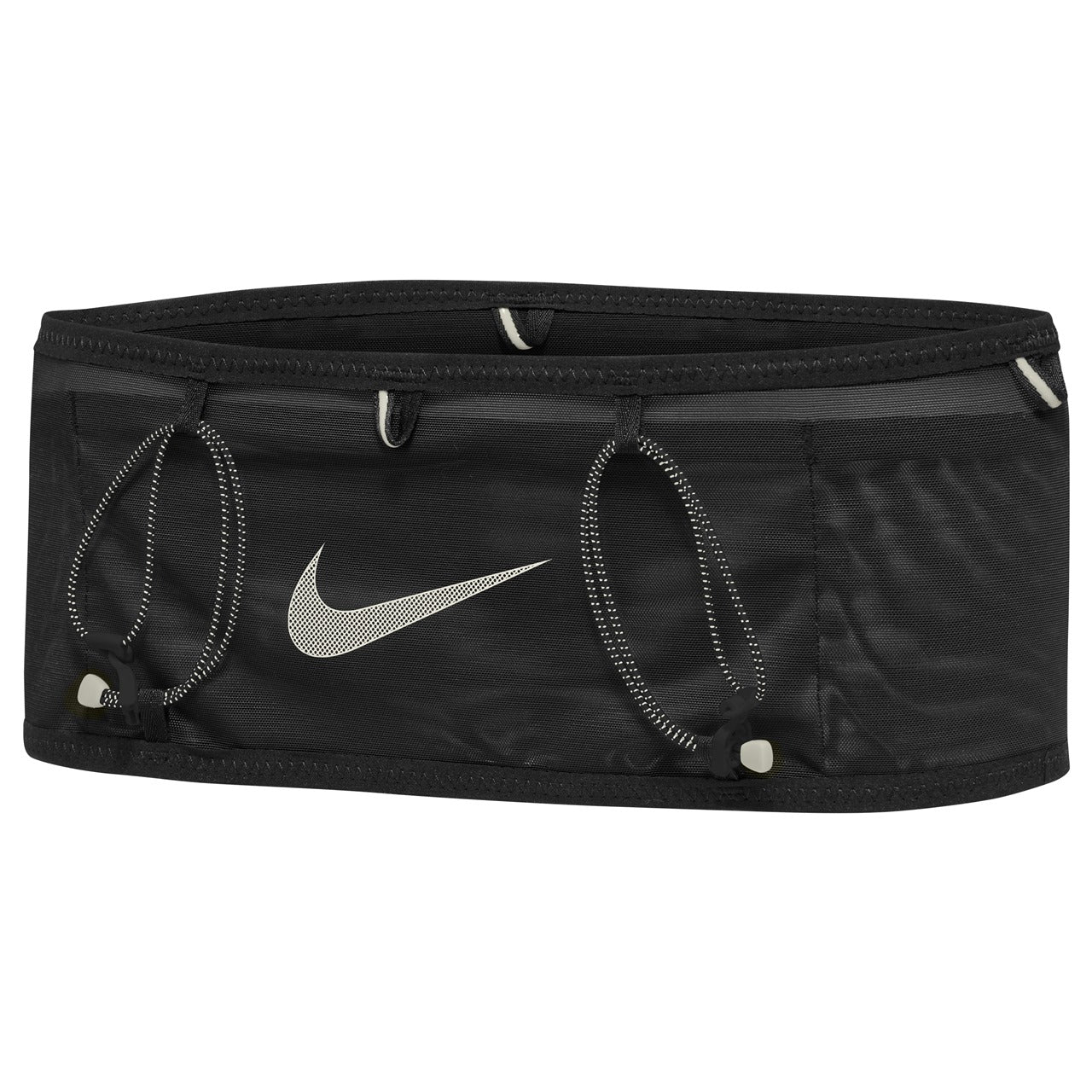 Nike Run Belt 5L running storage belt lying flat, with adjustable strap and zippered pockets for hydration and accessories.