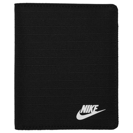 Nike Club Fold Wallet showing compact folding design with multiple card slots and Nike branding on black leather accessory.