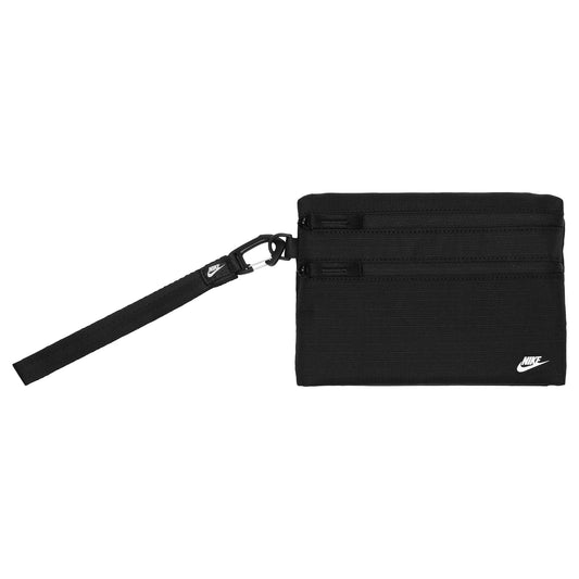 Nike Club Clutch wristlet with strap, black accessory wallet for essentials, featuring Nike branding and compact design.