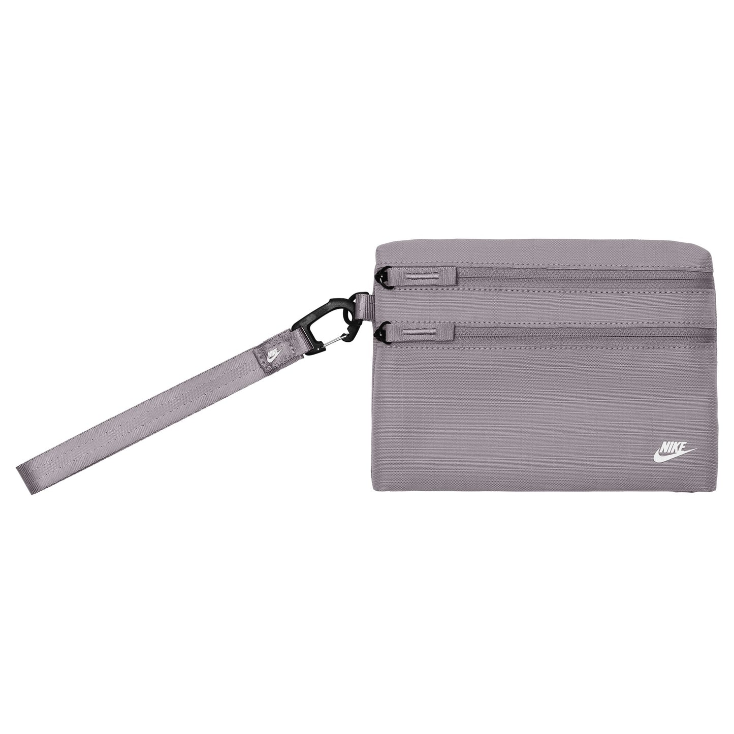 Nike Club Clutch wristlet with strap, compact wallet accessory in black with Nike logo, ideal for carrying essentials.