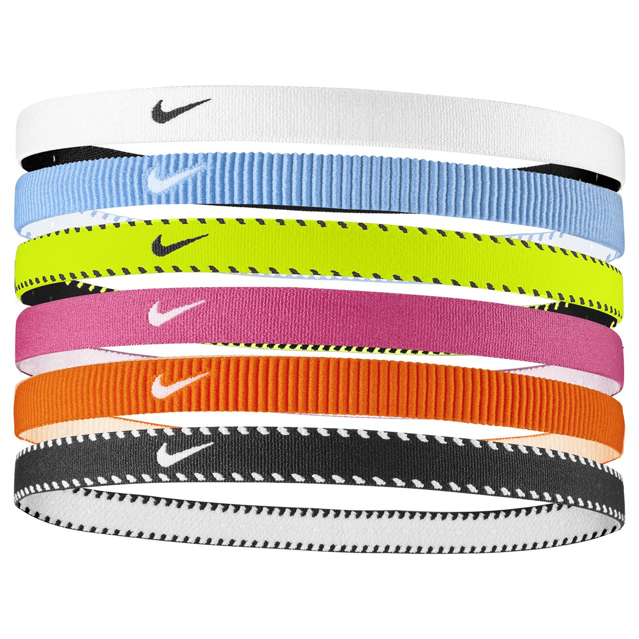 Nike Flex Classic headband 6-pack with printed green and purple sports headbands, ideal for active wear and workouts.