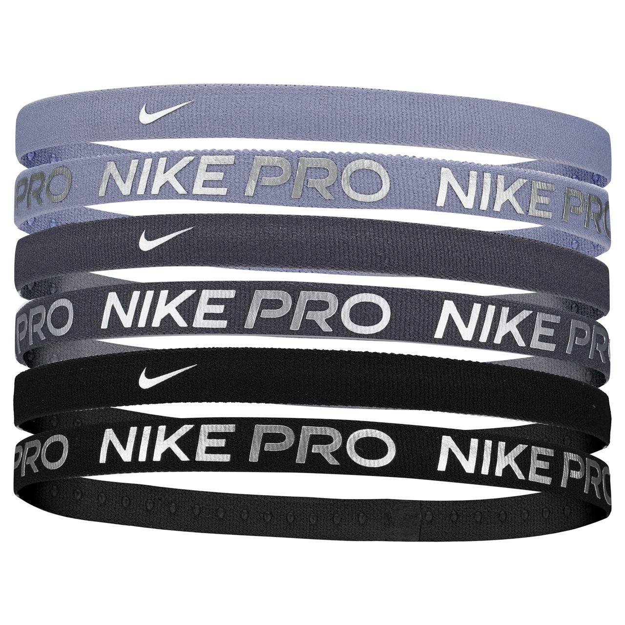 Nike Flex Classic printed green and purple sports headbands, 6-pack, lightweight and stretchy for comfortable athletic wear.