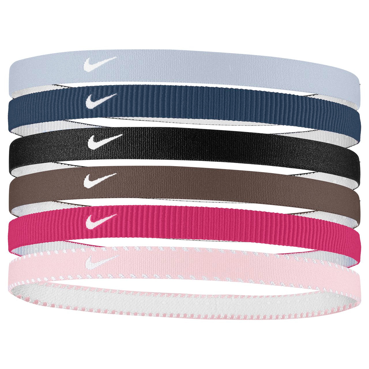Set of six Nike Y Flex Classic headbands, flexible athletic headbands with Nike logo, designed for sports and active wear.