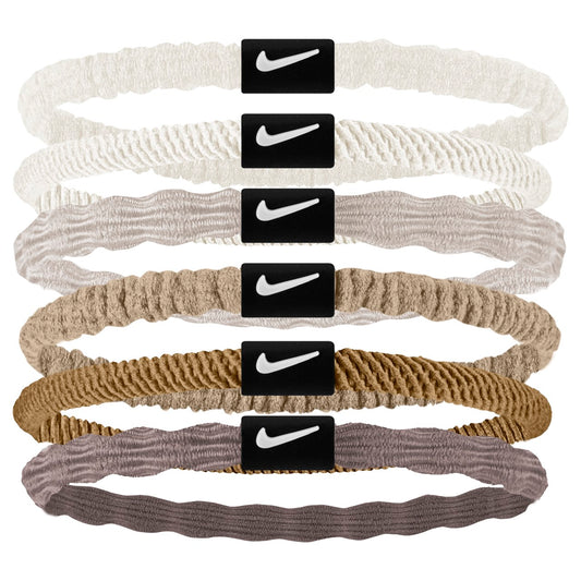 Set of six Nike Flex hair ties, stretchy and comfortable hairbands displayed in a clear view.