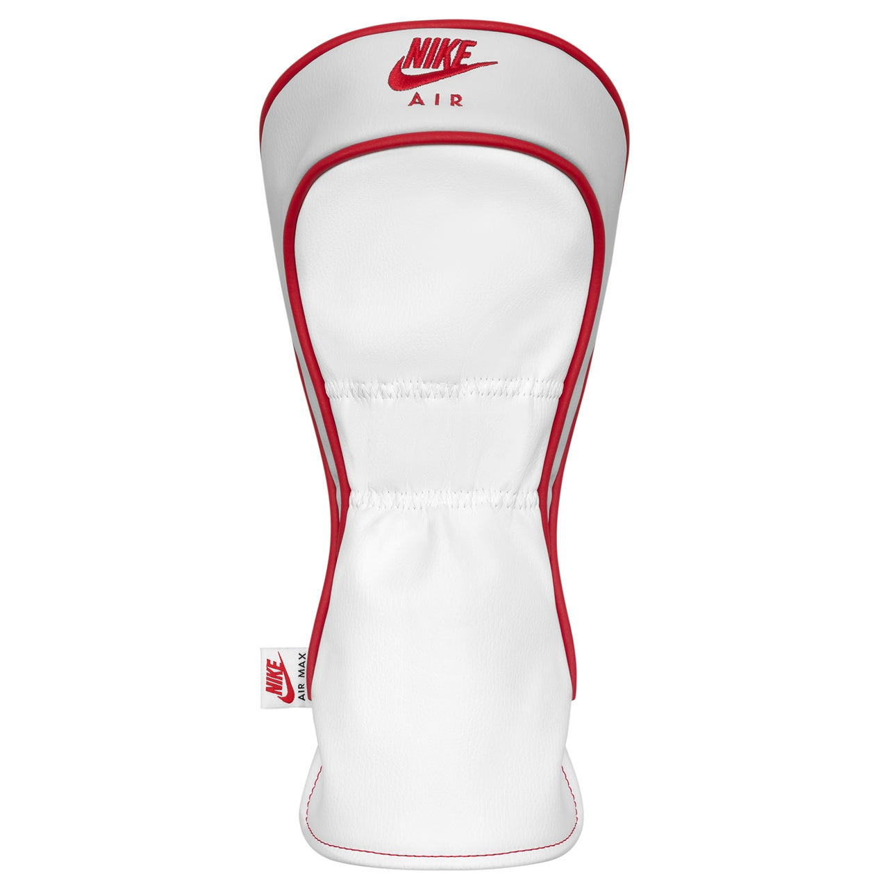 Nike Icon Driver headcover in pink, white, and red with Nike logo, designed for golf clubs, showing vibrant colors and textured fabric.