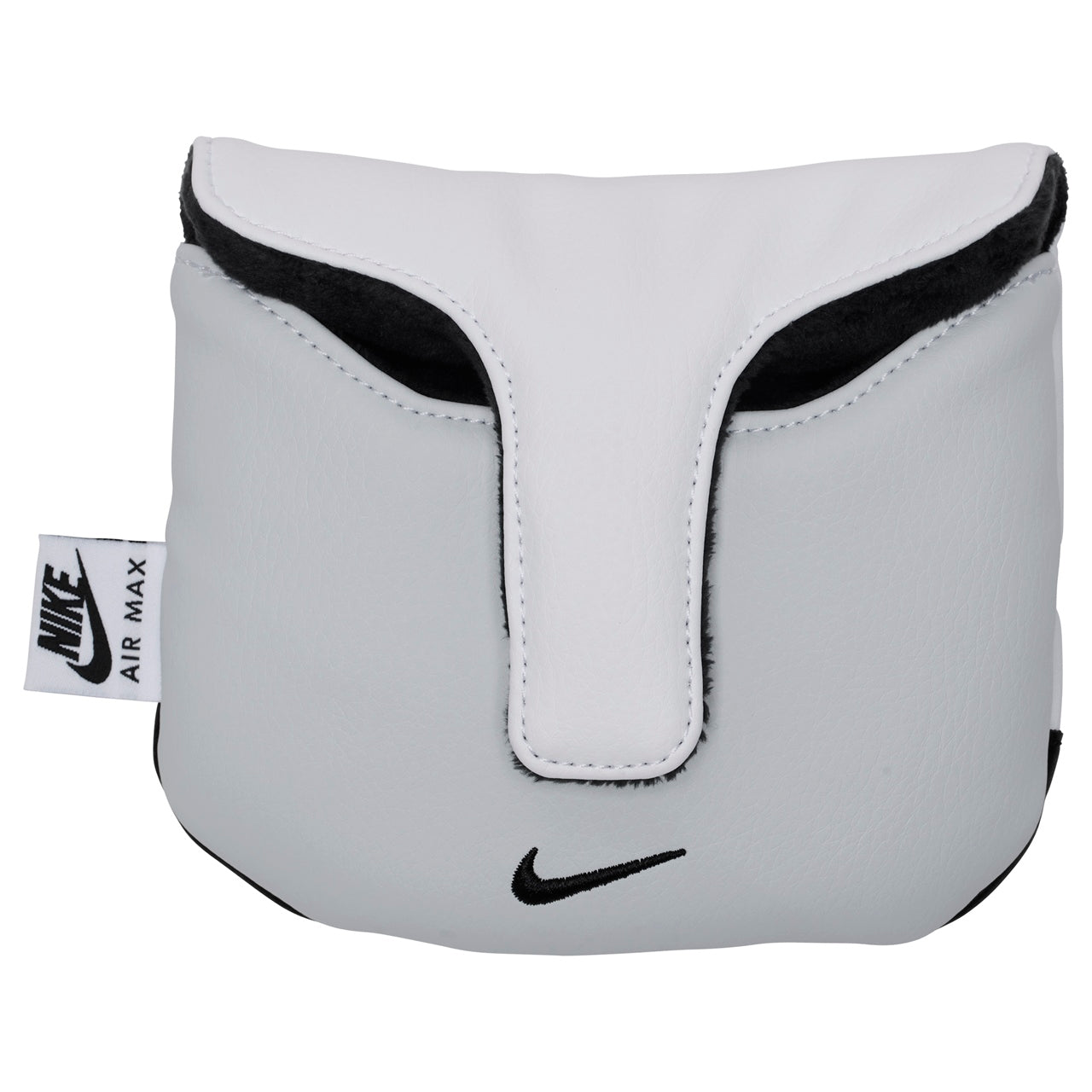 Nike Icon Mallet Putter Headcover in pink, white, and black with Nike logo, designed to protect golf putter heads.
