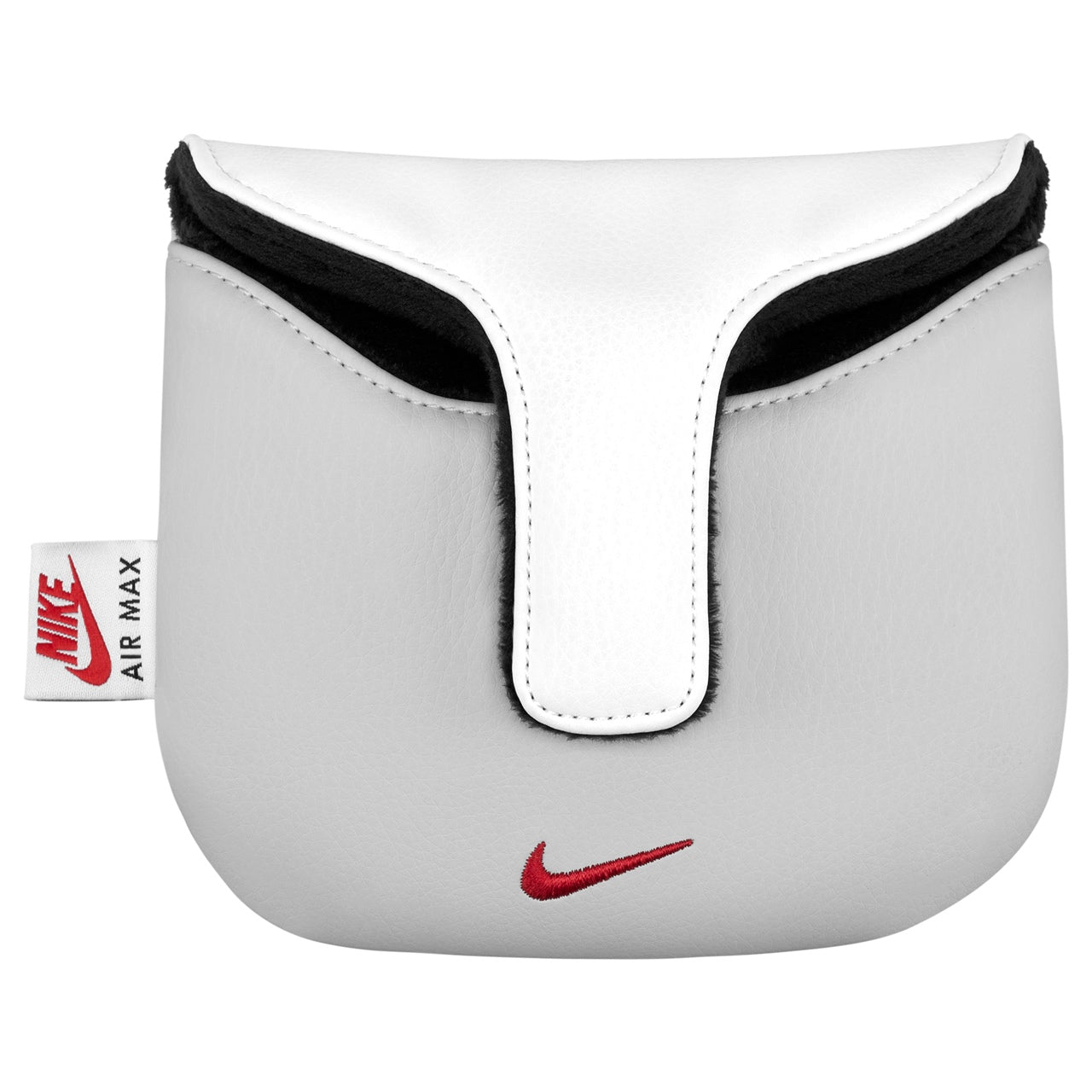 Nike Icon Mallet Putter Headcover in pink, white, and red with Nike logo, designed to protect golf putter heads.