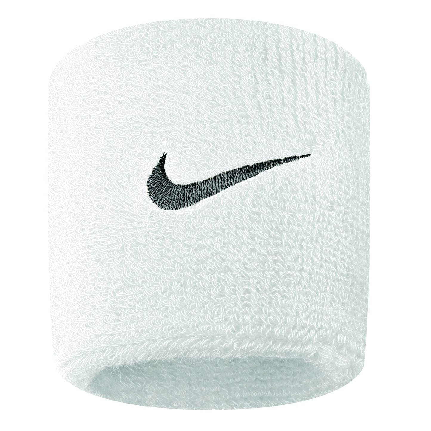 Nike Swoosh wristband in white with blue Nike logo, made of absorbent sports sweat material for athletic activities.