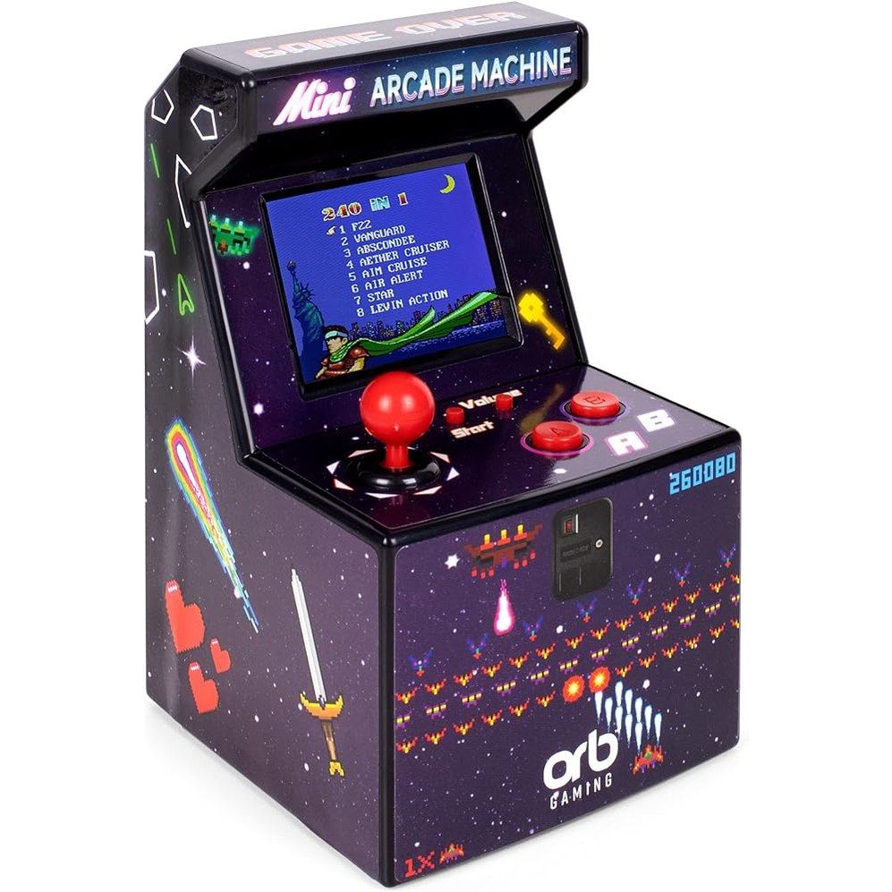 Retro Mini Arcade Machine by Thumbs Up featuring colorful game controls and screen, designed for 240-in-1 arcade gaming fun.