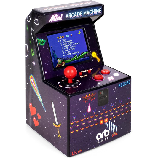 Retro Mini Arcade Machine by Thumbs Up featuring colorful game controls and screen, designed for 240-in-1 arcade gaming fun.