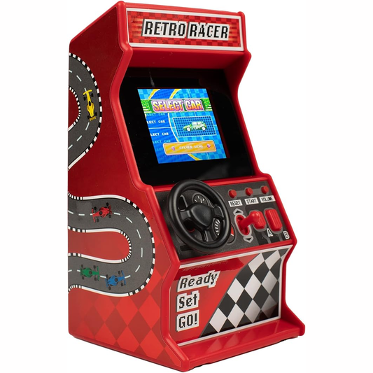 Retro Mini Arcade Racing Game by Thumbs Up with colorful racing controls and screen, featuring 30 classic arcade games in a compact design.
