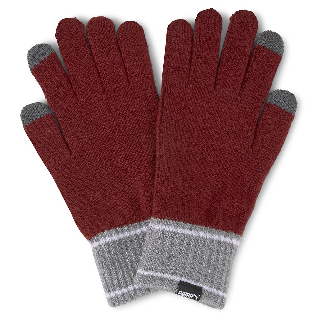 Puma knit gloves pair, black and gray sports gloves with ribbed cuffs and Puma logo, ideal for cold weather outdoor activities.