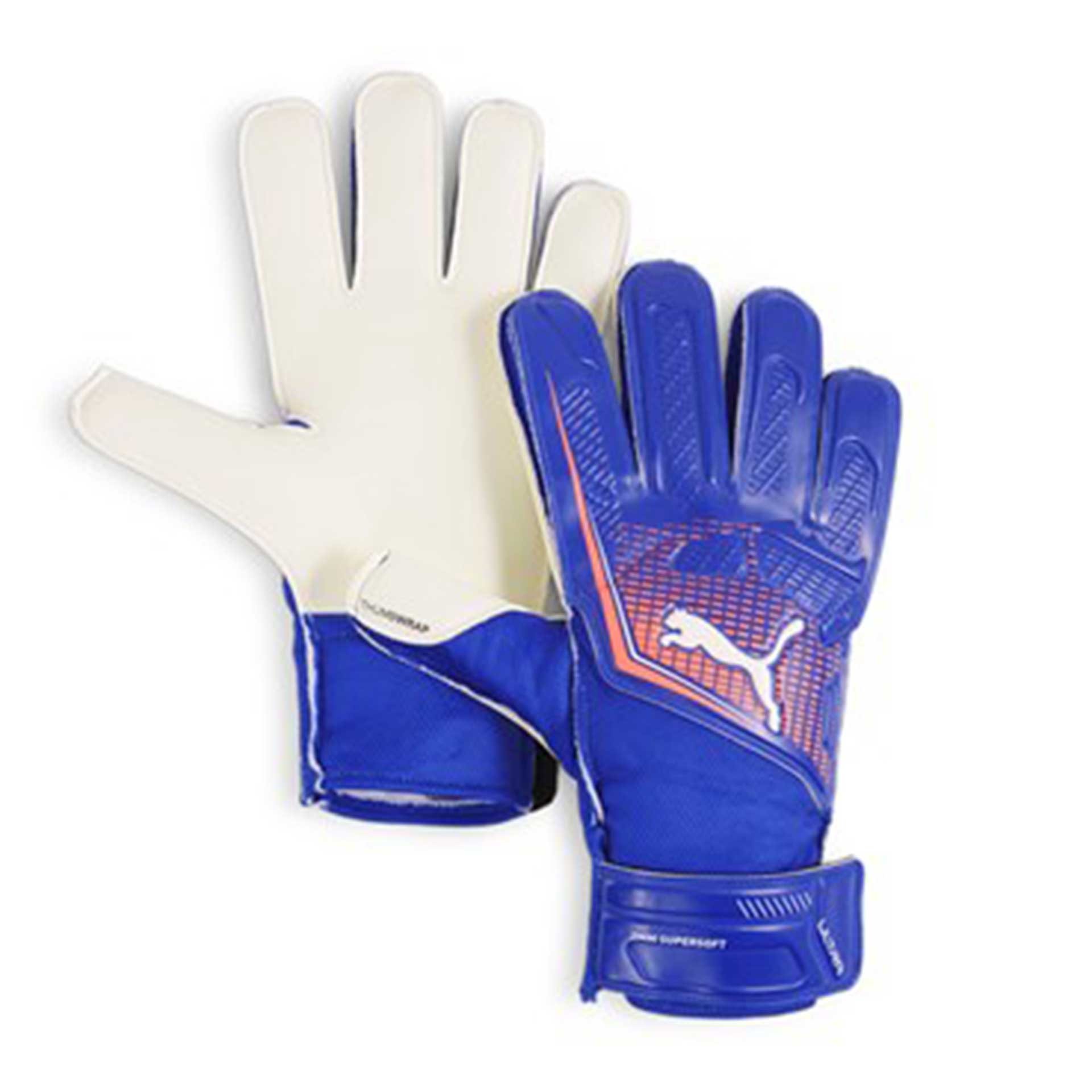Puma Ultra Play goalkeeper gloves with padded palms and adjustable wrist straps, designed for high-performance soccer goalkeeping.