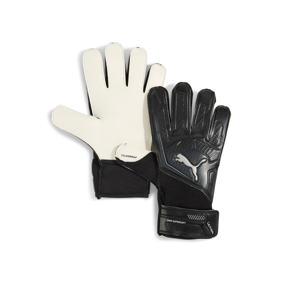 Puma Ultra Play goalkeeper gloves with black and white design, featuring padded palms and wrist support for soccer goalie protection.