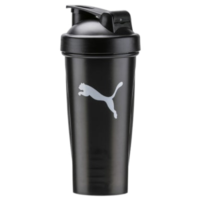 Puma shaker bottle for sports and fitness with a sleek design, featuring the Puma logo and a secure screw-on lid.