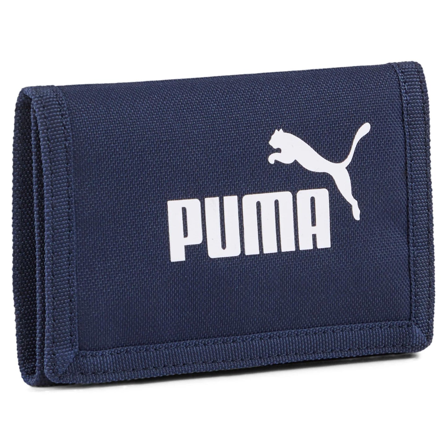 Puma Phase Wallet in black with Puma logo, made of synthetic material, featuring multiple card slots and a secure zip closure.