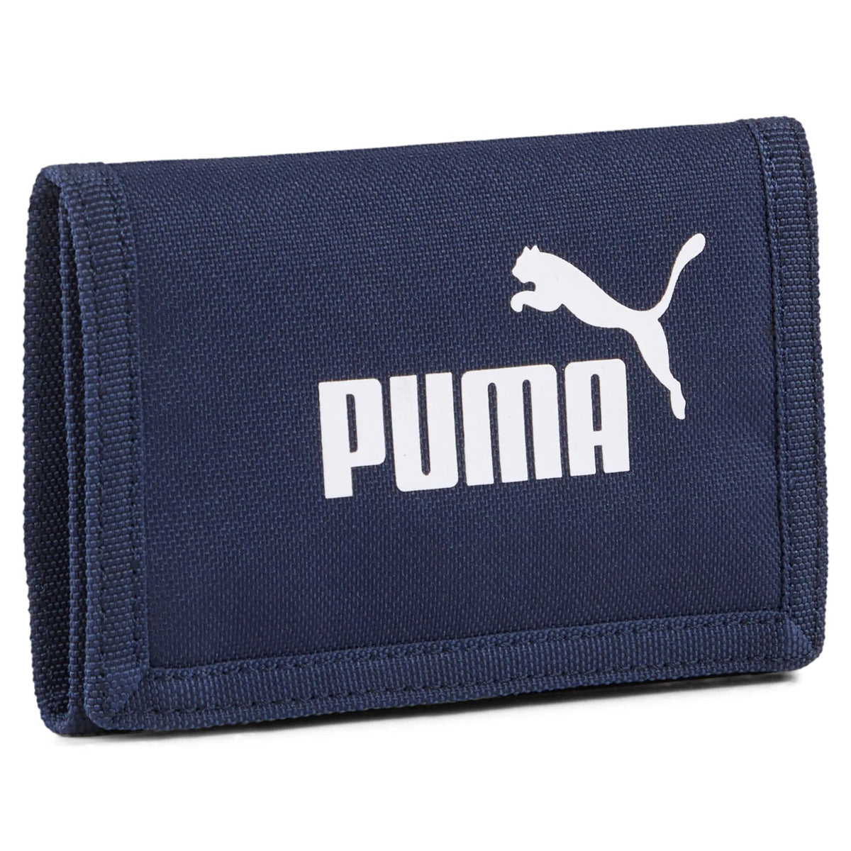 Puma Phase Wallet in black with Puma logo, made of synthetic material, featuring multiple card slots and a secure zip closure.