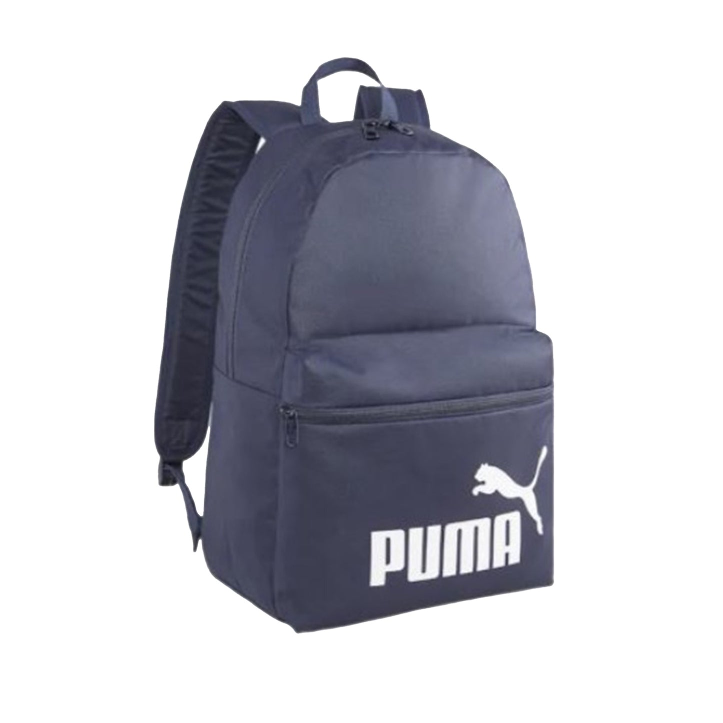 Puma Phase Backpack in black with adjustable straps, multiple compartments, and Puma logo on the front for sporty style.