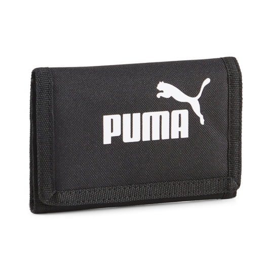 Puma Phase Wallet in black with multiple card slots and zippered coin pocket, made of durable synthetic material.